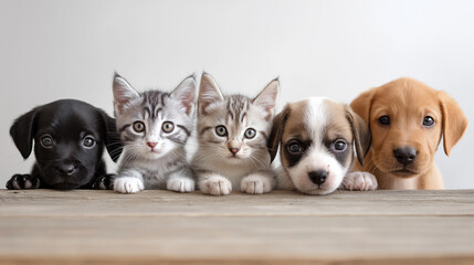 Fototapeta premium Row of adorable puppies and kittens lying side by side on wooden floor. 