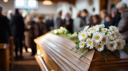 Coffin with funeral flowers surrounded by mourners in soft focus.  
