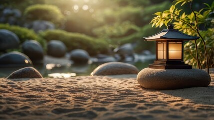 Naklejka premium Golden hour serenity in a peaceful Zen garden, featuring a traditional stone lantern casting a warm, inviting glow over the tranquil landscape, evoking a sense of calm and spiritual balance