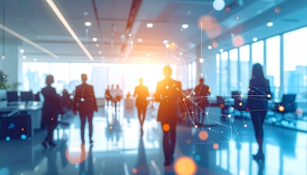Blurred silhouettes of businesspeople in a modern office space, overlaid with digital connections - Powered by Adobe