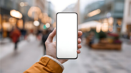 Hand holding smartphone with blank white screen on a blurred city street background in daytime
