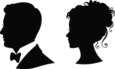 Silhouette profiles, man in suit, woman with curly hair, formal couple, romantic illustration, elegant design, minimal art, relationship concept