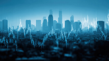 Abstract Cityscape with Financial Data Visualization and Digital Graphs Against Urban Skyline