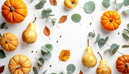 Autumnal display of pears, pumpkins, eucalyptus, and leaves on a white background