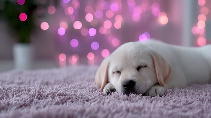 Adorable Golden Puppy Sleeping Peacefully on Fluffy Purple Rug with Festive Bokeh Lights