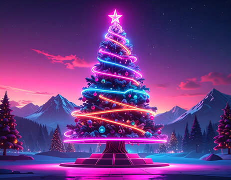 Neon-Lit Christmas Tree in a Magical Winter Wonderland - Powered by Adobe