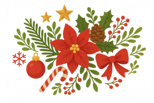 Christmas decorative elements creating festive holiday arrangement with poinsettia, candy cane, pine cone, and ornaments on transparent background - Powered by Adobe