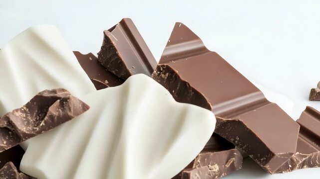White and milk chocolate pieces, broken into chunks and scattered on a light surface.