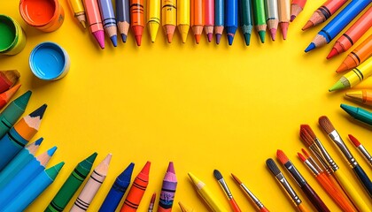 Colorful art supplies arranged on a yellow background