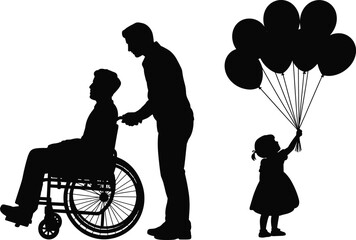 Silhouette illustration, wheelchair support, caregiver pushing patient, child with balloons, family care, compassion, disability inclusion, happiness, love, community, support, joy