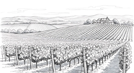 Pencil Sketch of Vineyard Hillside