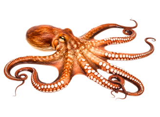 A beautiful octopus with brown spots isolated on transparent background is shown