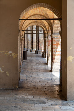 Italy, Marche, Offida arcades of the church of Collegiata