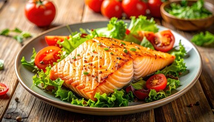 Close-up of a grilled salmon fillet atop fresh lettuce and halved cherry tomatoes on a plate, set on a rustic wooden surface