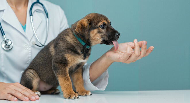 Veterinarian examining puppy in clinic with attentive expression  