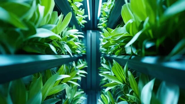 Indoor vertical farming with rows of green leafy plants on stacked shelves.