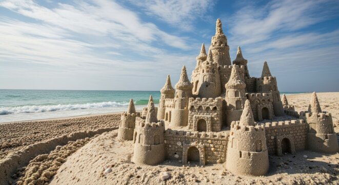 A grand sandcastle stands on a beach, with the ocean in the background and a clear blue sky above.