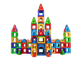 Colorful magnetic blocks castle isolated on transparent background is displayed