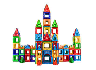 Colorful magnetic blocks castle isolated on transparent background is displayed