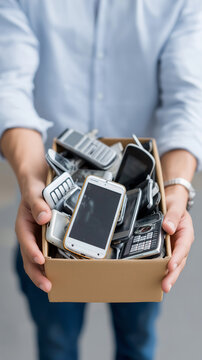 Person holding a box filled with old mobile phones and outdated cell devices.
