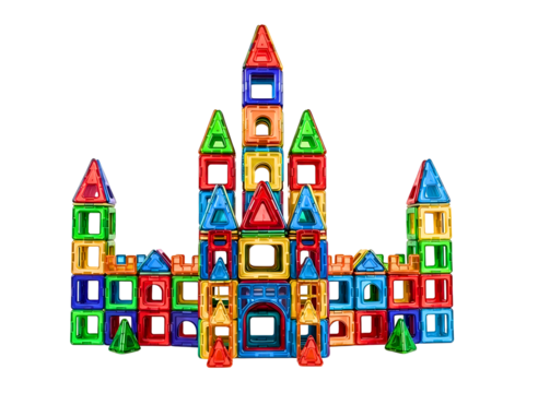 Colorful magnetic blocks castle isolated on transparent background is displayed
