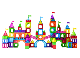 Colorful magnetic blocks castle isolated on transparent background is displayed