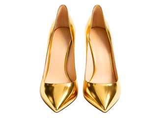 Pair of golden high heel shoes isolated on transparent background, front view