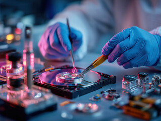 Obraz premium Close-Up of Technician Repairing Hard Drive with Precision Tools in Neon Lighting Environment