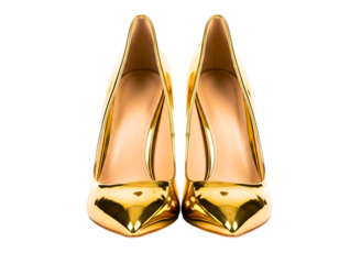 Pair of golden high heel shoes isolated on transparent background, front view