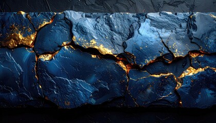 Dark blue rock slab, cracked, gold veins