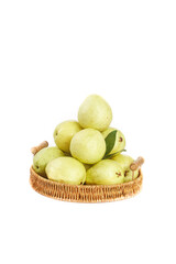 Fresh Guava Fruits in Wicker Basket Isolated on White Background