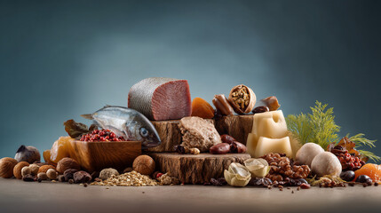 Still life composition of various protein sources including fish meat cheese and nuts on display