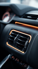 Obraz premium Close-up of modern luxury car dashboard with illuminated controls and sleek design. 