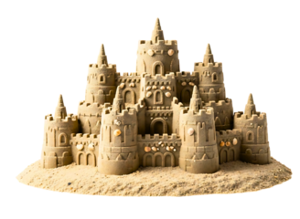 Sand castle with towers isolated on transparent background, summer vacation