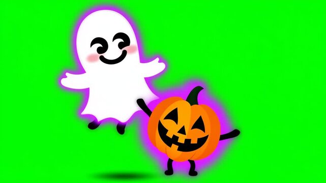 Cute Halloween ghost and pumpkin character dancing animation isolated on green screen background, funny cartoon spooky design for kids and holiday projects