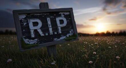 A wooden sign with the letters 'R.I.P.' on it, standing in a grassy field with a sunset in the background.