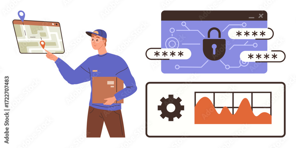 Aufkleber worker with package checks gps map. background includes cybersecurity lock interface, password prote