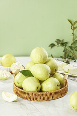 Fresh White Guava Fruits in Wicker Basket - Tropical Organic Produce Still Life