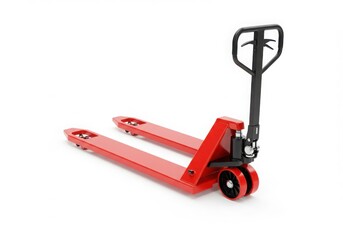 Bright red manual pallet jack truck with black handle isolated on white background