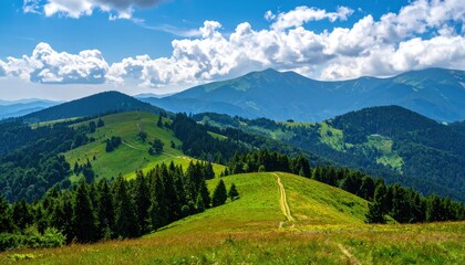 Obraz premium Rolling green mountains under a sky of fluffy white clouds, with a pathway winding through the grassy hills