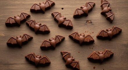 Chocolate bats on a wooden table.