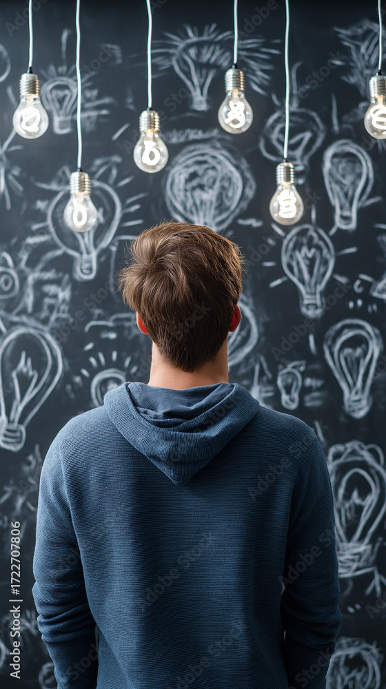 Poster man facing chalkboard filled with lightbulb sketches and real hanging bulbs above.