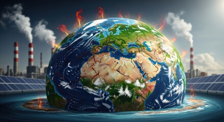 A globe with flames on it, surrounded by industrial buildings and solar panels.