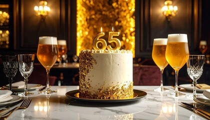A luxurious birthday cake adorned with golden sprinkles and lit candles for a 65th celebration, set on a table with glasses of beer