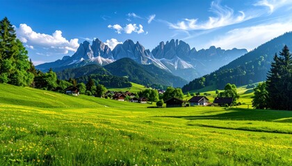 Obraz premium Lush green valley with wildflowers, nestled amongst houses. Dramatic, jagged peaks form a striking backdrop beneath a blue sky