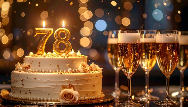 An elegant seventy-eighth birthday celebration with a beautiful two-tier cake, golden number 78 candles, and glasses of sparkling champagne