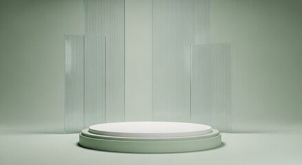 A minimalist stage with a round podium and vertical glass elements in a soft green studio setting, perfect for product display