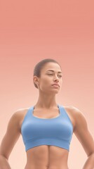 Athletic woman in blue sports bra poses confidently against a soft gradient background, showcasing strength and determination in a fitness-focused environment