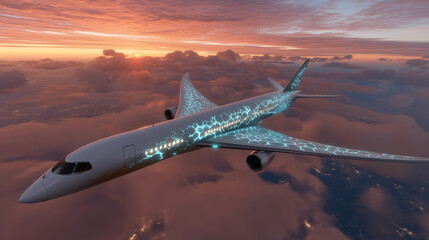 Fototapeta premium A colossal, bio-inspired aeroliner, its fuselage a seamless, iridescent pearl white, glides silently through a sky ablaze with the fiery hues of sunset. Its long, graceful wings, e