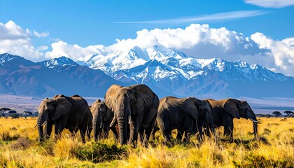 African elephants grazing in a savanna landscape with snow-capped mountains in the background